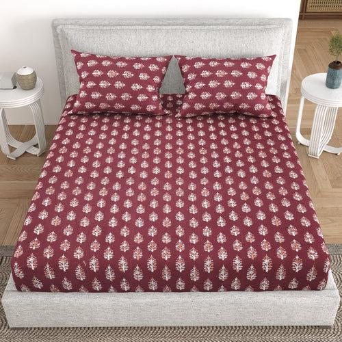5 PC Bedding Set ( 1 Double Bedsheet with 2 Pillow Covers & 2 Single Dohar ) Floral Design Cotton Red & White Colour - Kalamkari Collection