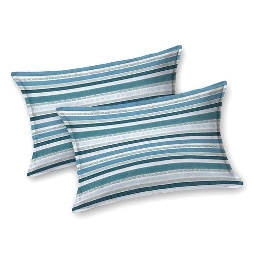 Double Fitted Bedsheet with 2 Pillow Covers Cotton Strips Design Blue & Grey Colour - Stella Collection