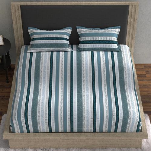Double Fitted Bedsheet with 2 Pillow Covers Cotton Strips Design Blue & Grey Colour - Stella Collection