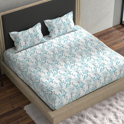Double Fitted Bedsheet with 2 Pillow Covers Cotton Floral Design Blue & White Colour - Stella Collection