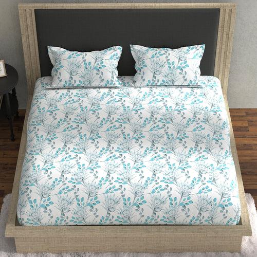 Double Fitted Bedsheet with 2 Pillow Covers Cotton Floral Design Blue & White Colour - Stella Collection