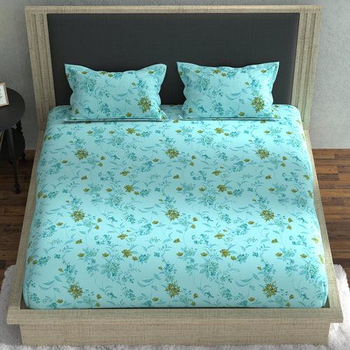 Double Fitted Bedsheet with 2 Pillow Covers Cotton Floral Design Cyan Colour - Stella Collection