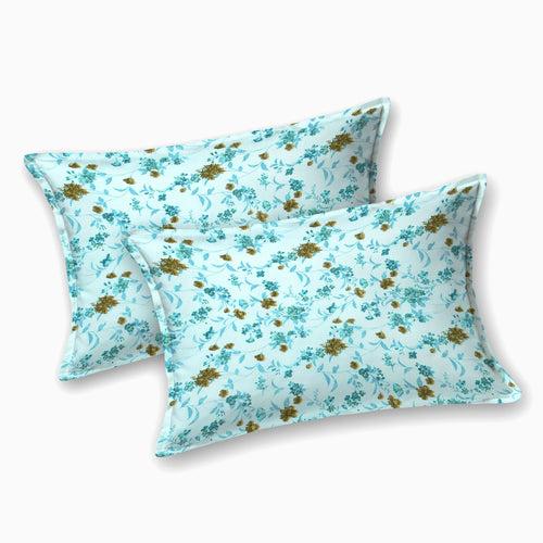 Double Fitted Bedsheet with 2 Pillow Covers Cotton Floral Design Cyan Colour - Stella Collection