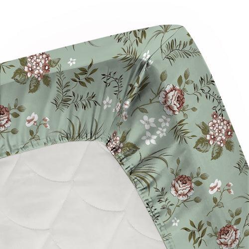 Double Fitted Bedsheet with 2 Pillow Covers Cotton Floral Design Green Colour - Stella Collection