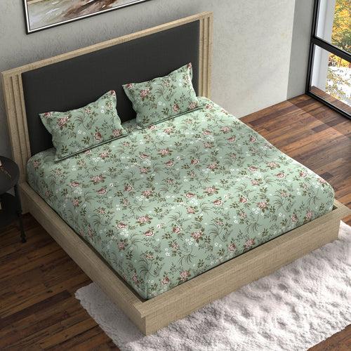 Double Fitted Bedsheet with 2 Pillow Covers Cotton Floral Design Green Colour - Stella Collection