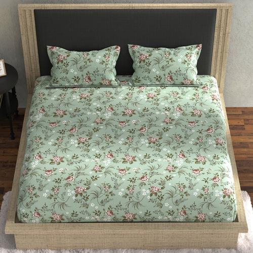 Double Fitted Bedsheet with 2 Pillow Covers Cotton Floral Design Green Colour - Stella Collection