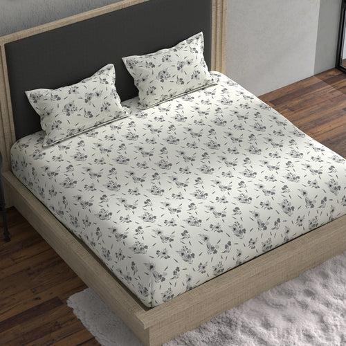 Double Fitted Bedsheet with 2 Pillow Covers Cotton Floral Design White & Grey Colour - Stella Collection