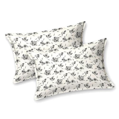 Double Fitted Bedsheet with 2 Pillow Covers Cotton Floral Design White & Grey Colour - Stella Collection