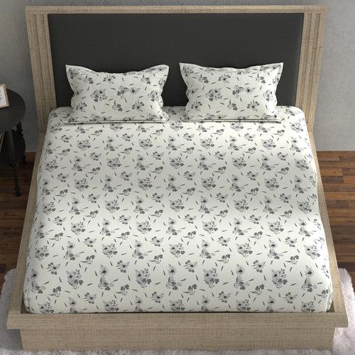 Double Fitted Bedsheet with 2 Pillow Covers Cotton Floral Design White & Grey Colour - Stella Collection