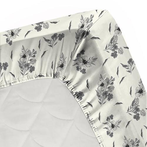 Double Fitted Bedsheet with 2 Pillow Covers Cotton Floral Design White & Grey Colour - Stella Collection