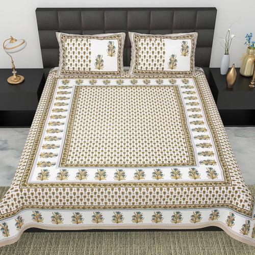 Double King Size Bedsheet Set Cotton with 2 Pillow Covers Floral Design Brown & Blue Colour - Ethnic Collection