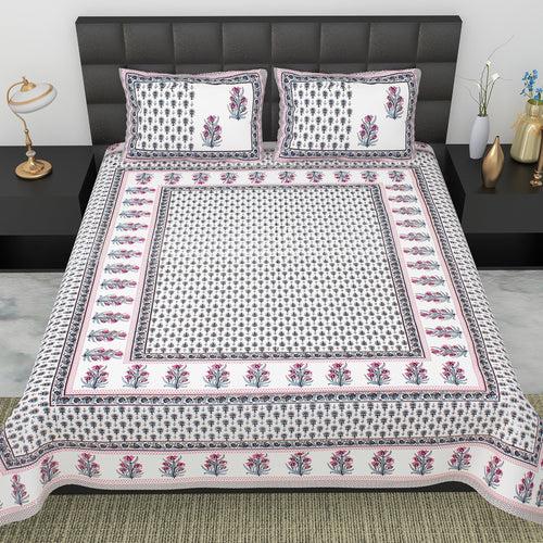 Double King Size Bedsheet Set Cotton with 2 Pillow Covers Floral Design Teal & Blue Colour - Ethnic Collection