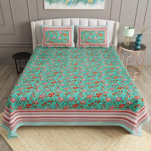 Double King Size Bedsheet Set Cotton with 2 Pillow Covers Floral Design Green & Red Colour - Ethnic Collection