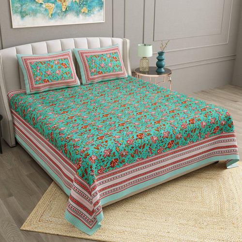 Double King Size Bedsheet Set Cotton with 2 Pillow Covers Floral Design Green & Red Colour - Ethnic Collection