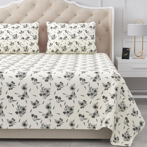 Double Bedsheet Cotton King Size with 2 Pillow Covers Floral Design Grey Colour - Stella Collection