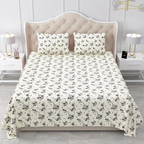 Double Bedsheet Cotton King Size with 2 Pillow Covers Floral Design Grey Colour - Stella Collection