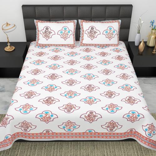 Double King Size Bedsheet Set Cotton with 2 Pillow Covers Unique Design Peach Colour - Ethnic Collection