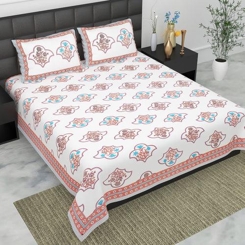 Double King Size Bedsheet Set Cotton with 2 Pillow Covers Unique Design Peach Colour - Ethnic Collection