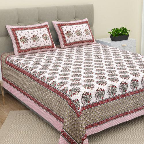 Double King Size Bedsheet Set Cotton with 2 Pillow Covers Floral Design Red Colour - Ethnic Collection