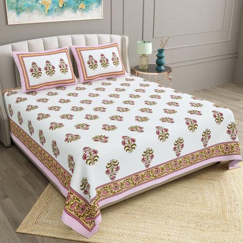 Double King Size Bedsheet Set Cotton with 2 Pillow Covers Floral Design Yellow & Pink Colour - Ethnic Collection