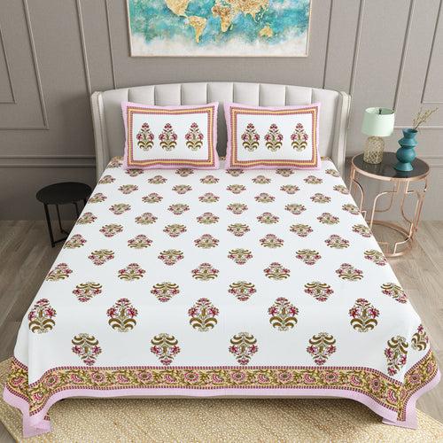 Double King Size Bedsheet Set Cotton with 2 Pillow Covers Floral Design Yellow & Pink Colour - Ethnic Collection