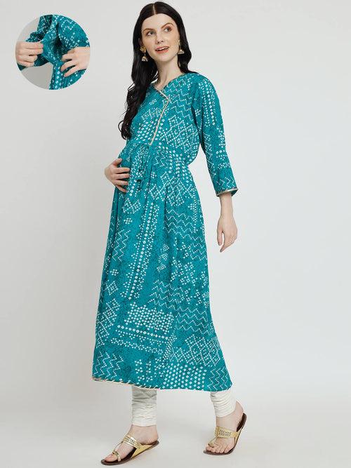 Sea Green Rayon Printed Maternity Feeding Kurta