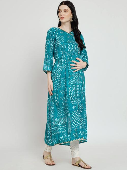 Sea Green Rayon Printed Maternity Feeding Kurta