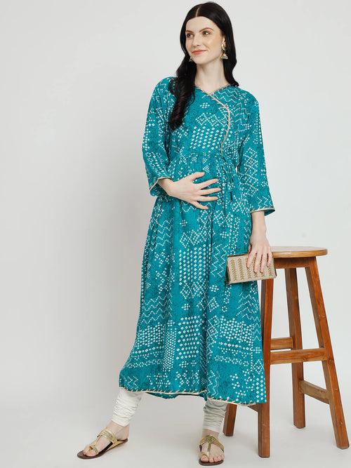 Sea Green Rayon Printed Maternity Feeding Kurta