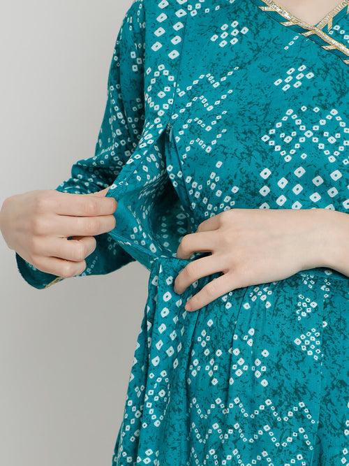 Sea Green Rayon Printed Maternity Feeding Kurta