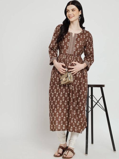 Brown Cotton Printed Maternity Feeding Kurta