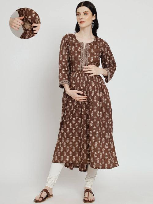 Brown Cotton Printed Maternity Feeding Kurta