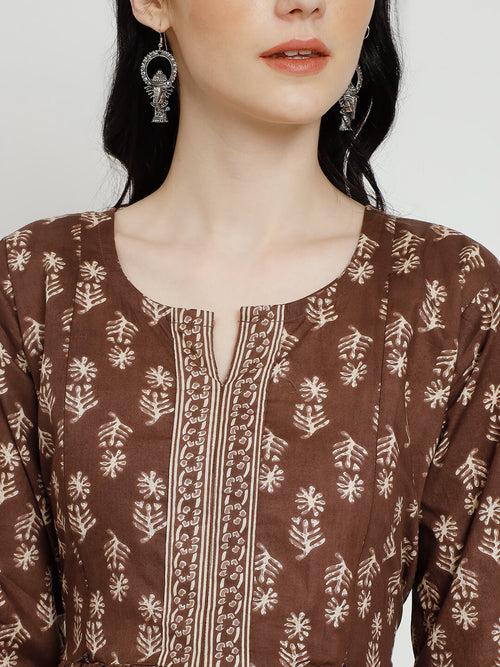 Brown Cotton Printed Maternity Feeding Kurta