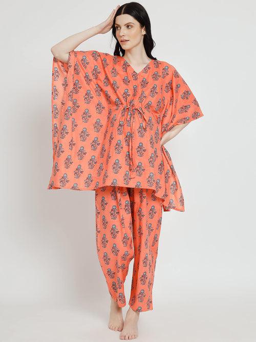 Orange Printed Maternity Feeding Kaftan Night Suit