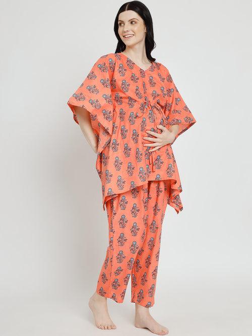 Orange Printed Maternity Feeding Kaftan Night Suit