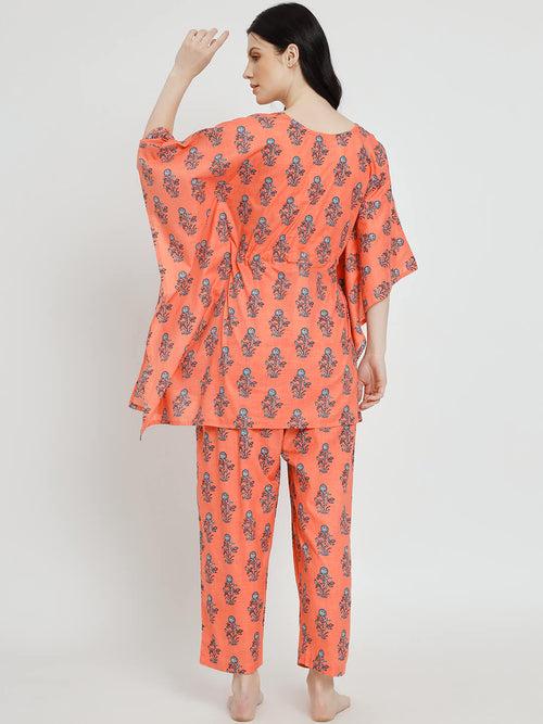 Orange Printed Maternity Feeding Kaftan Night Suit