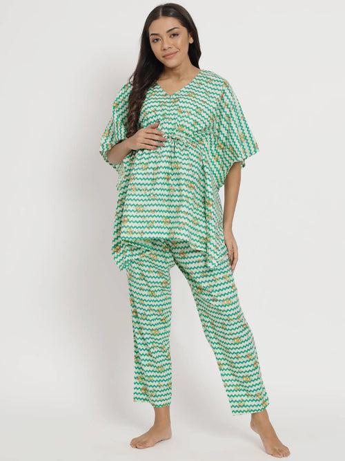 White Green Printed Maternity Feeding Kaftan Night Suit