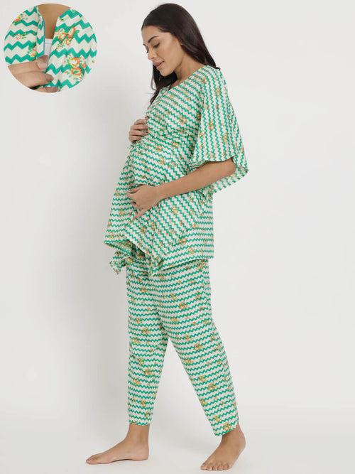 White Green Printed Maternity Feeding Kaftan Night Suit