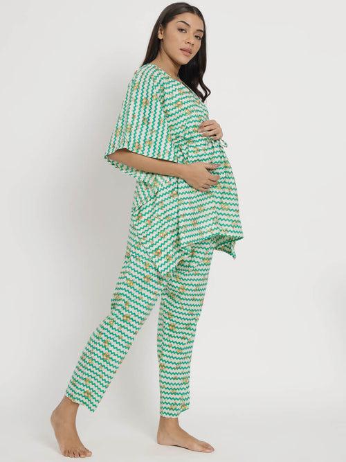 White Green Printed Maternity Feeding Kaftan Night Suit