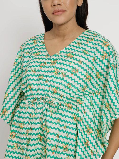 White Green Printed Maternity Feeding Kaftan Night Suit