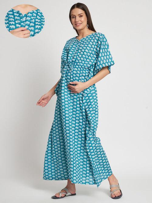 Blue Cotton Printed Front Zipper Maternity Feeding Kaftan