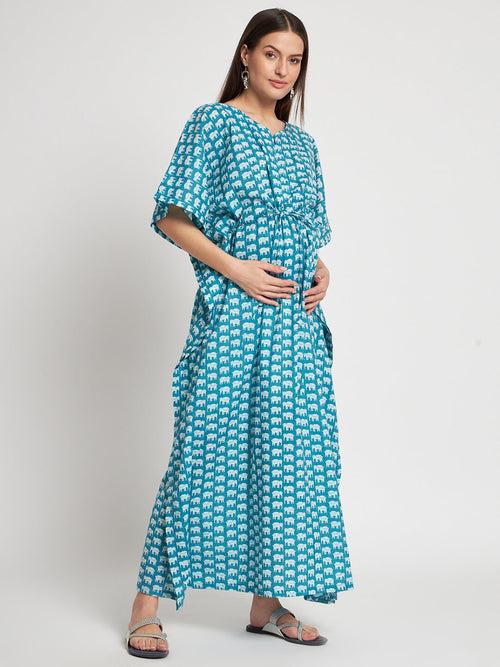 Blue Cotton Printed Front Zipper Maternity Feeding Kaftan