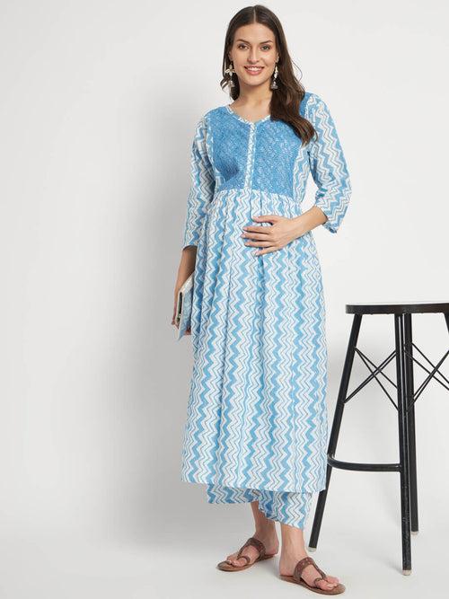 White Blue Cotton Printed Maternity Feeding Kurta Set