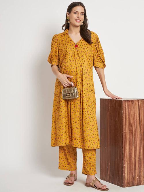 Mustard Printed Maternity Feeding Kurta Set