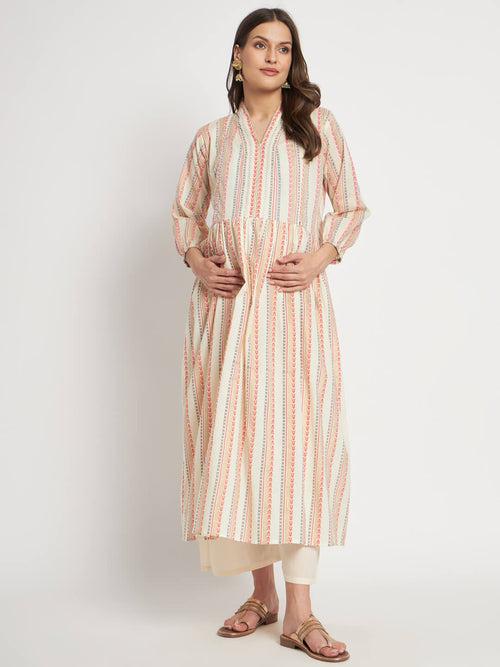 Cream Multi Cotton Printed Maternity Feeding Kurta Set