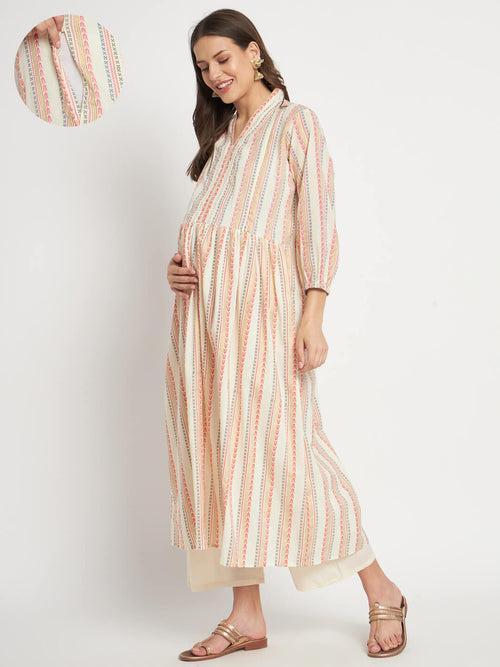 Cream Multi Cotton Printed Maternity Feeding Kurta Set