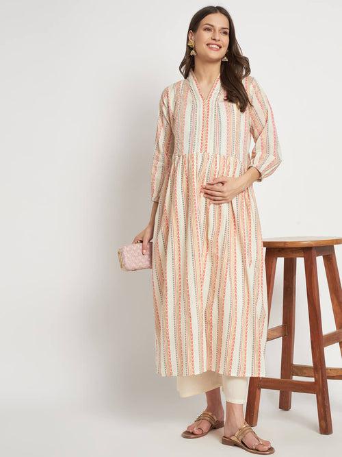 Cream Multi Cotton Printed Maternity Feeding Kurta Set