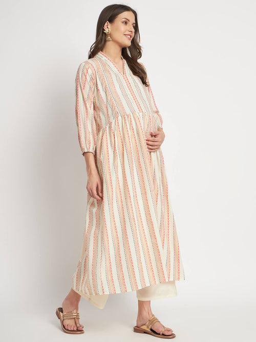 Cream Multi Cotton Printed Maternity Feeding Kurta Set