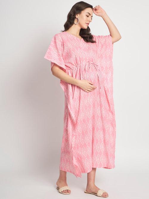 Pink Cotton Printed Front Zipper Maternity Feeding Kaftan