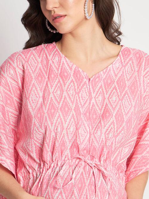 Pink Cotton Printed Front Zipper Maternity Feeding Kaftan