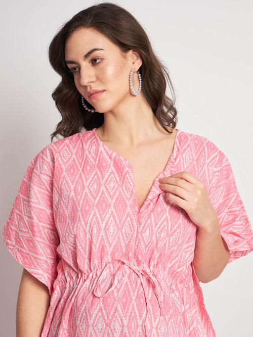 Pink Cotton Printed Front Zipper Maternity Feeding Kaftan